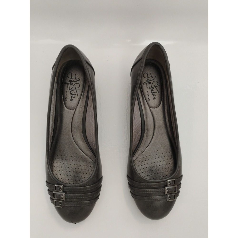LifeStride Soft System Heels 8.5 M Wedge Pumps Buckle Round Toe Shoes Gray